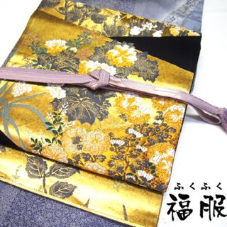 中古 袋帯 正絹 黒地に草花文様 六通柄 あすつく 中古 レディース(浴衣帯)