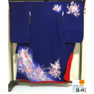 【中古】 子供着物 正絹 13歳前後 女児用 ジュニアサイズ 祝い着 濃紺地に地紙模様 (和服/着物)