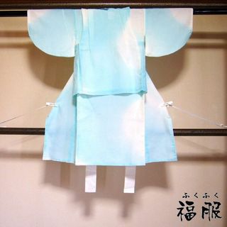 洗える着物 中古 子供着物 化繊 夏着物ちゃんちゃんこセット 2～3歳男児用 白地に水色の霞模様 裄40(和服/着物)