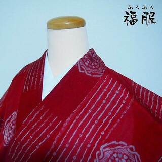 【中古】 紬 正絹 アンティーク 渋赤地に華紋文様 夏着物 裄62 SSサイズ (着物)