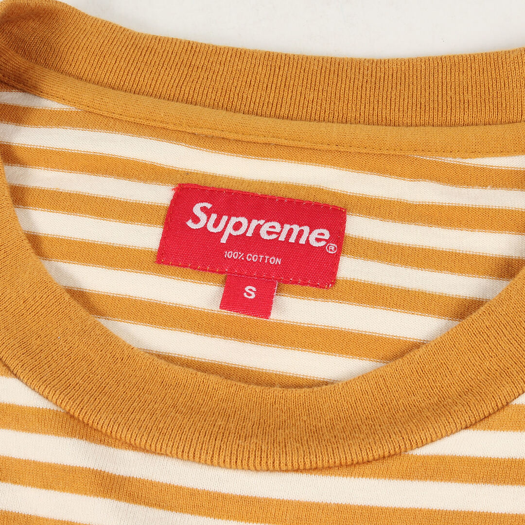 Supreme(シュプリーム)のSupreme シュプリーム Tシャツ サイズ:S ブランドロゴ ボーダー ロングスリーブTシャツ Striped Logo L/S Top マスタード ホワイト トップス カットソー 長袖Tシャツ【メンズ】【中古】 メンズのトップス(Tシャツ/カットソー(七分/長袖))の商品写真