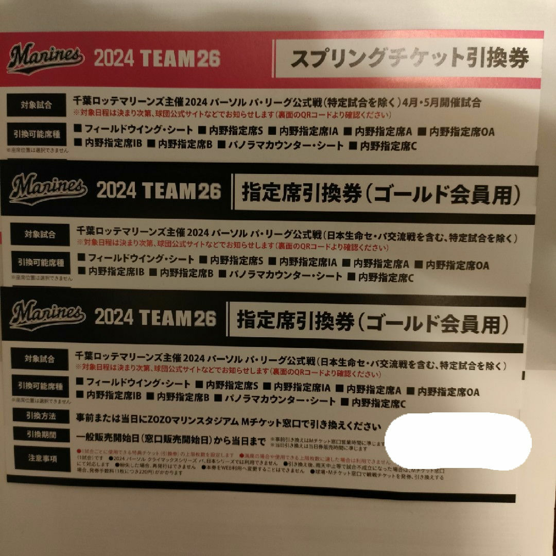 千葉ロッテマリーンズ(チバロッテマリーンズ)の千葉ロッテマリーンズ 2024年 Team26特典チケット チケットのスポーツ(野球)の商品写真