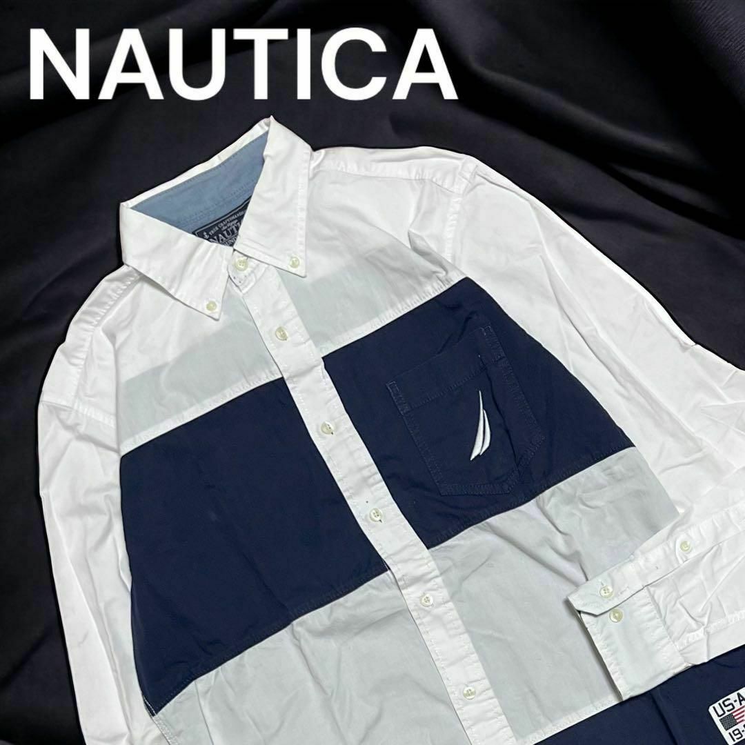 NAUTICA(ノーティカ)のNAUTICA★パネル切替 ボーダー 長袖シャツ ヨット刺繍 セーリング 星条旗 メンズのトップス(シャツ)の商品写真