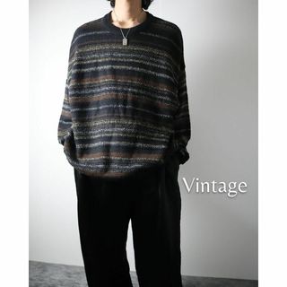 ヴィンテージ(VINTAGE)の【vintage】マルチボーダー オーバーサイズ ニット セーター 黒系 2XL(ニット/セーター)