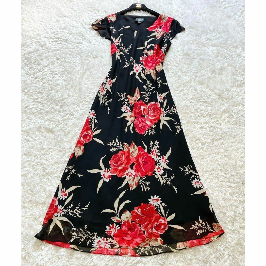 極美品✨️ローラアシュレイ ロングワンピース 11号 L 花柄 総柄 ブラック