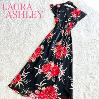 ローラアシュレイ(LAURA ASHLEY)の極美品✨️ローラアシュレイ ロングワンピース 11号 L 花柄 総柄 ブラック(ロングワンピース/マキシワンピース)