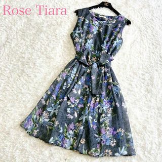 ローズティアラ(Rose Tiara)の美品✨️ローズティアラ ひざ丈ワンピース42 XL フレア Aライン 花柄 総柄(ひざ丈ワンピース)