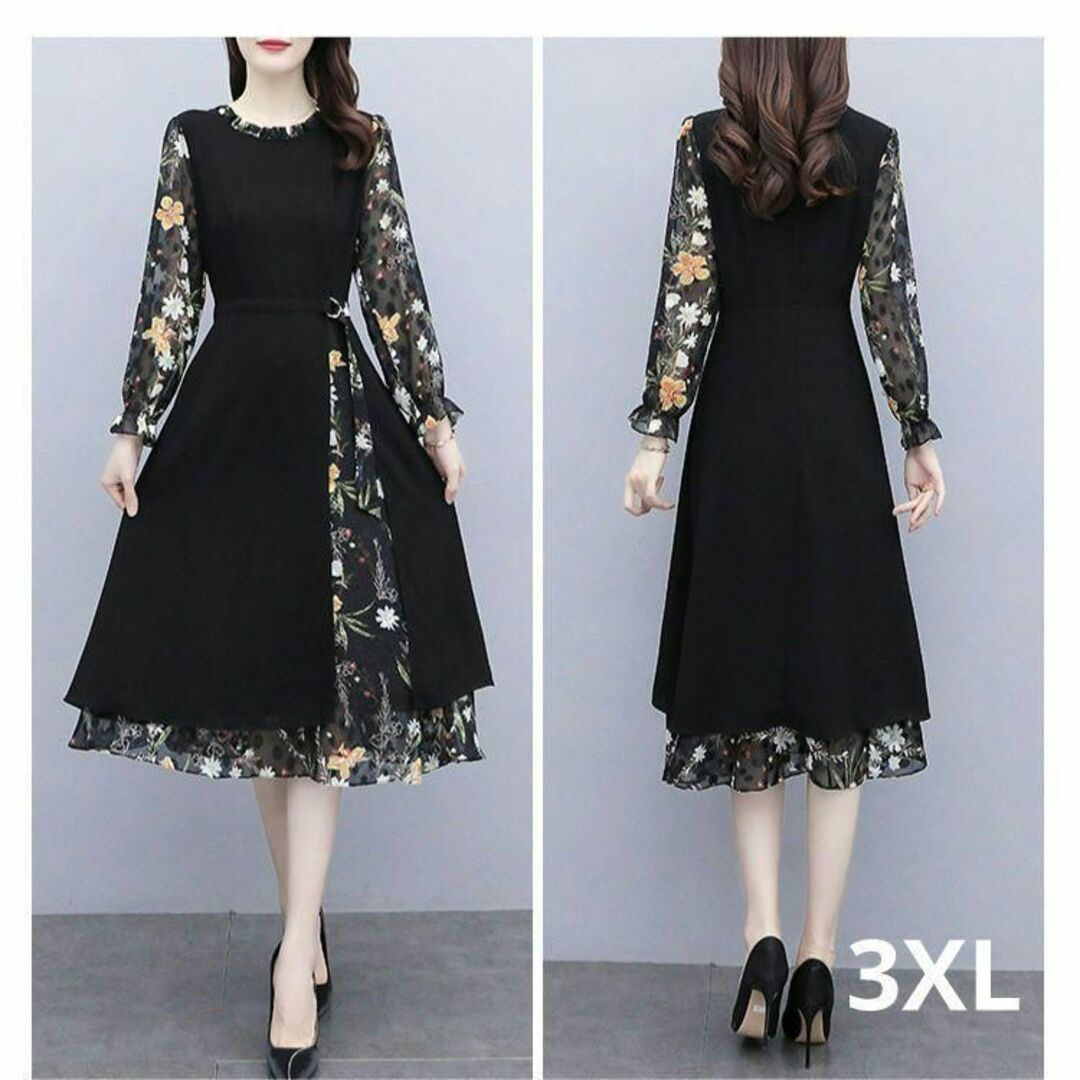 3XL　ワンピース　ドレス　花柄　結婚式　透け感　ゆったり　黒　柔らか　韓国 レディースのフォーマル/ドレス(その他ドレス)の商品写真