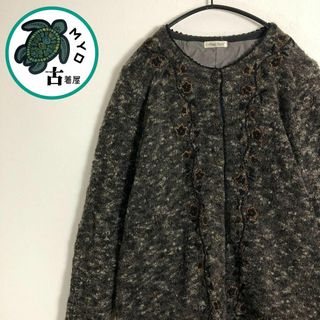 ウール カーディガン 刺繍 花柄 レトロボタン ダークカラー レディース レトロ(カーディガン)