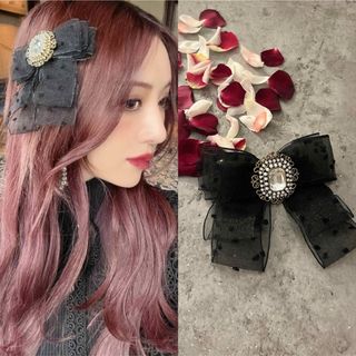 ダチュラ(DaTuRa)のriina シアードットビジューリボンバレッタ　黒(バレッタ/ヘアクリップ)