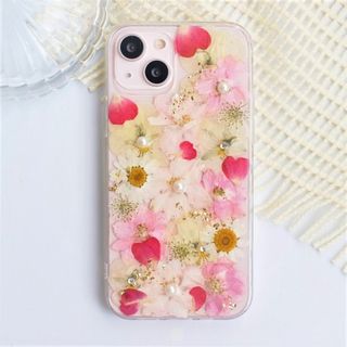 #034 全機種対応　押し花スマホケース　可愛い　ピンク　パール　android(iPhoneケース)