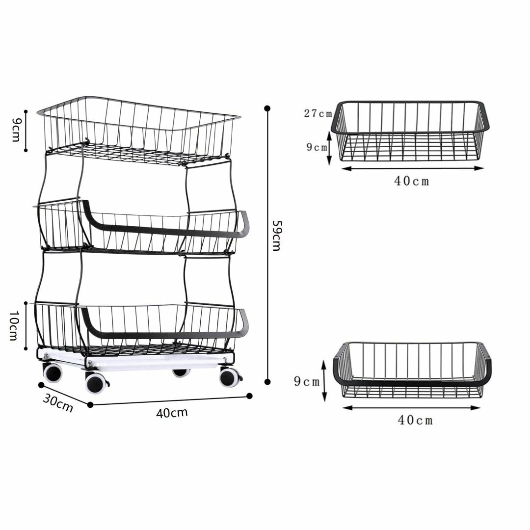 BQKOZFIN スタッキングバスケット キッチンワゴン 収納カート 3段 ワイ インテリア/住まい/日用品のキッチン/食器(その他)の商品写真