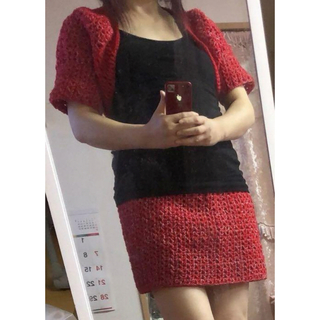 レディース ニット　スカート上下セット　半袖　赤系　編み物 カジュアルスーツ(セット/コーデ)