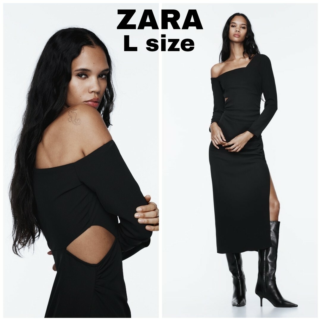 ZARA(ザラ)のZARA　アシンメトリー ドレープ ミディワンピース　Lサイズ　ブラック レディースのワンピース(ロングワンピース/マキシワンピース)の商品写真