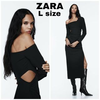 ザラ(ZARA)のZARA　アシンメトリー ドレープ ミディワンピース　Lサイズ　ブラック(ロングワンピース/マキシワンピース)