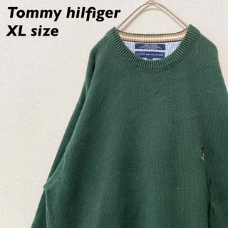 トミーヒルフィガー(TOMMY HILFIGER)のトミーヒルフィガー　ニット　セーター　無地　刺繍ロゴ　男女兼用　緑色　XLサイズ(ニット/セーター)