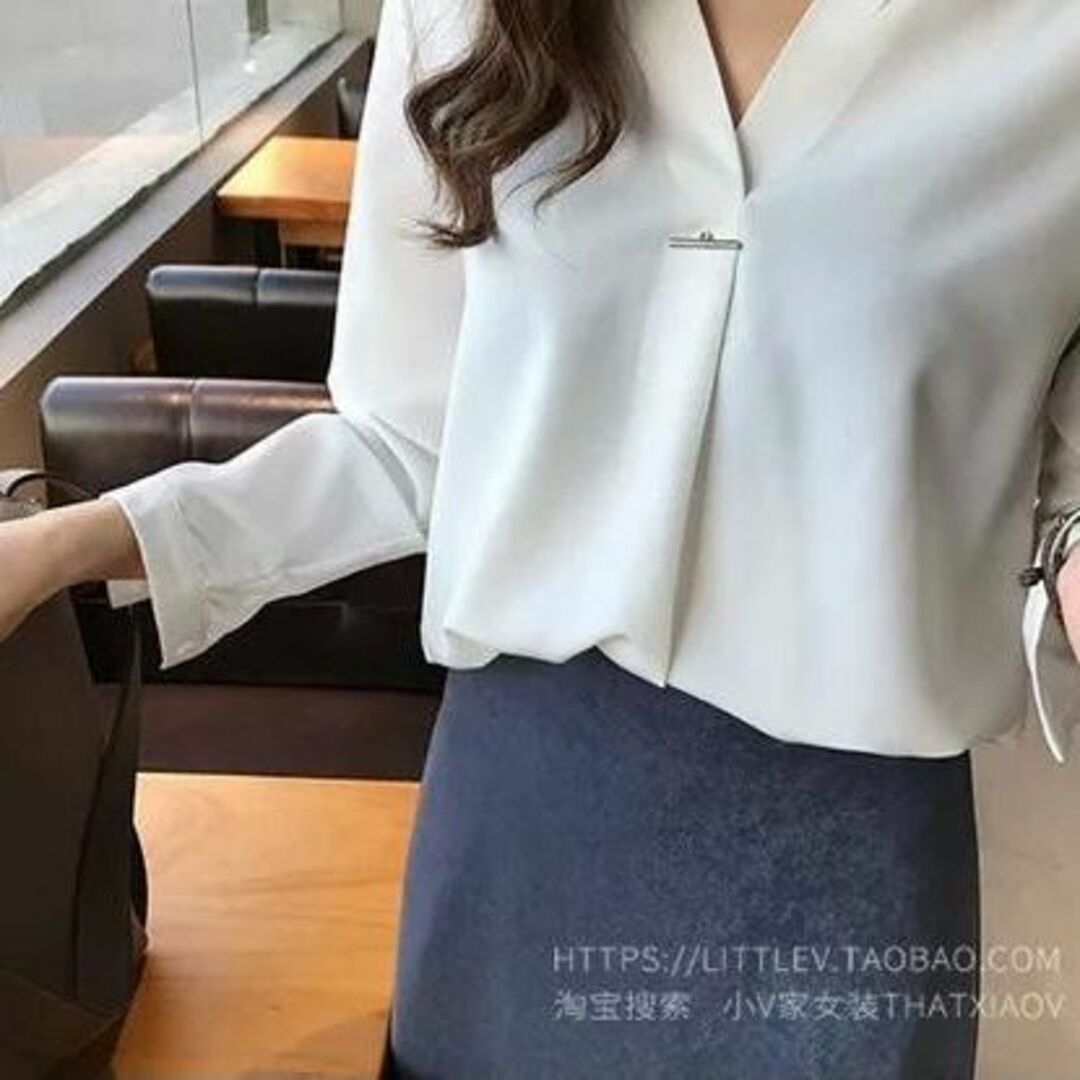 きれいめでおしゃれ♪上品な長袖シャツ♪カジュアル ビジネス 韓国服 白 L レディースのトップス(シャツ/ブラウス(長袖/七分))の商品写真
