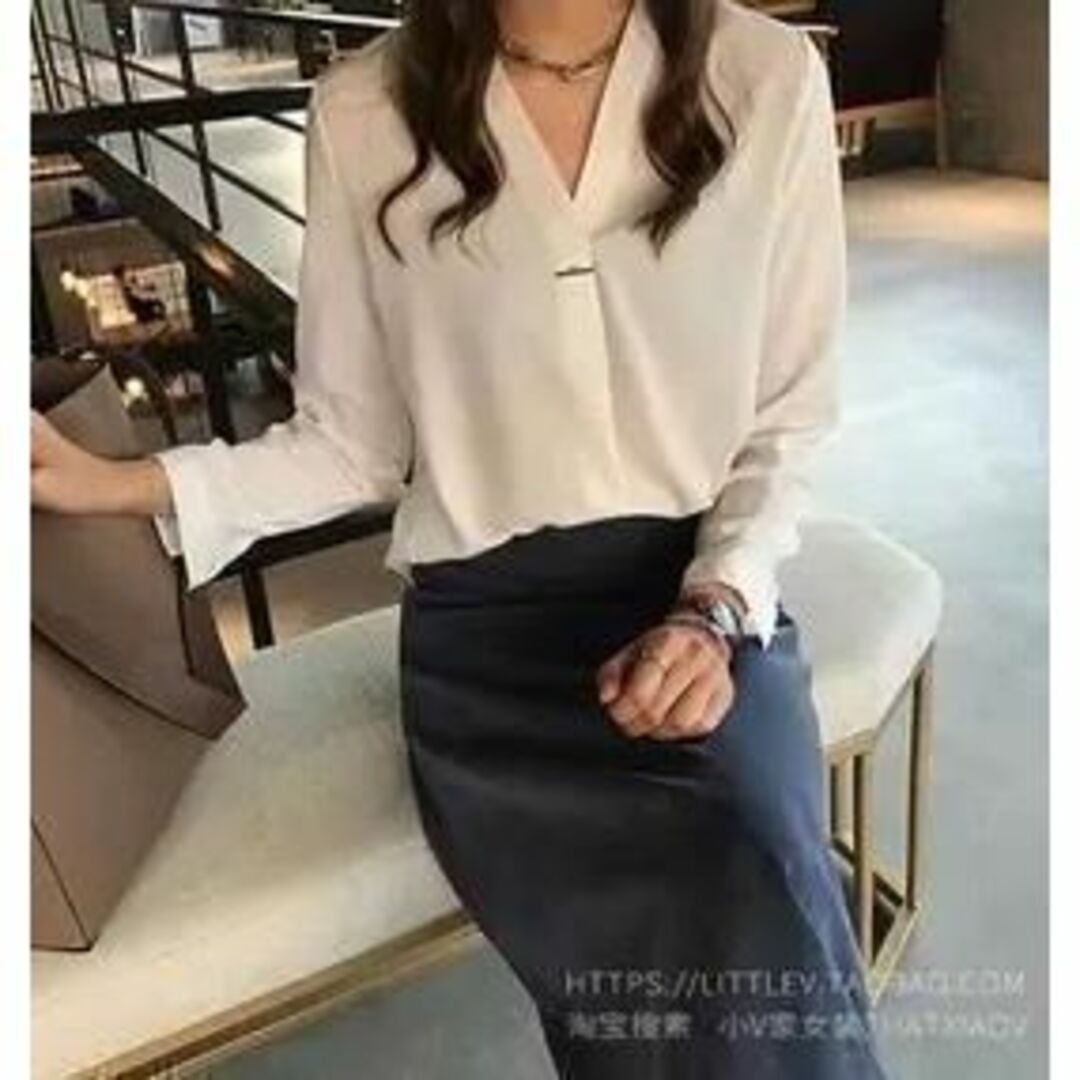 きれいめでおしゃれ♪上品な長袖シャツ♪カジュアル ビジネス 韓国服 白 L レディースのトップス(シャツ/ブラウス(長袖/七分))の商品写真