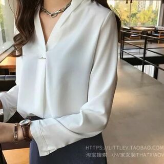 きれいめでおしゃれ♪上品な長袖シャツ♪カジュアル ビジネス 韓国服 白 L(シャツ/ブラウス(長袖/七分))