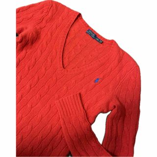 ポロラルフローレン(POLO RALPH LAUREN)のポロラルフローレン　カシミヤ混　ケーブルニット　赤　Ｖネック　レッド　XS S(ニット/セーター)