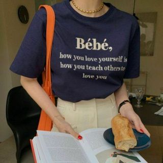 ベベ(BeBe)の韓国 bebe 刺繍ロゴ 半袖 Tシャツ ネイビー(Tシャツ(半袖/袖なし))