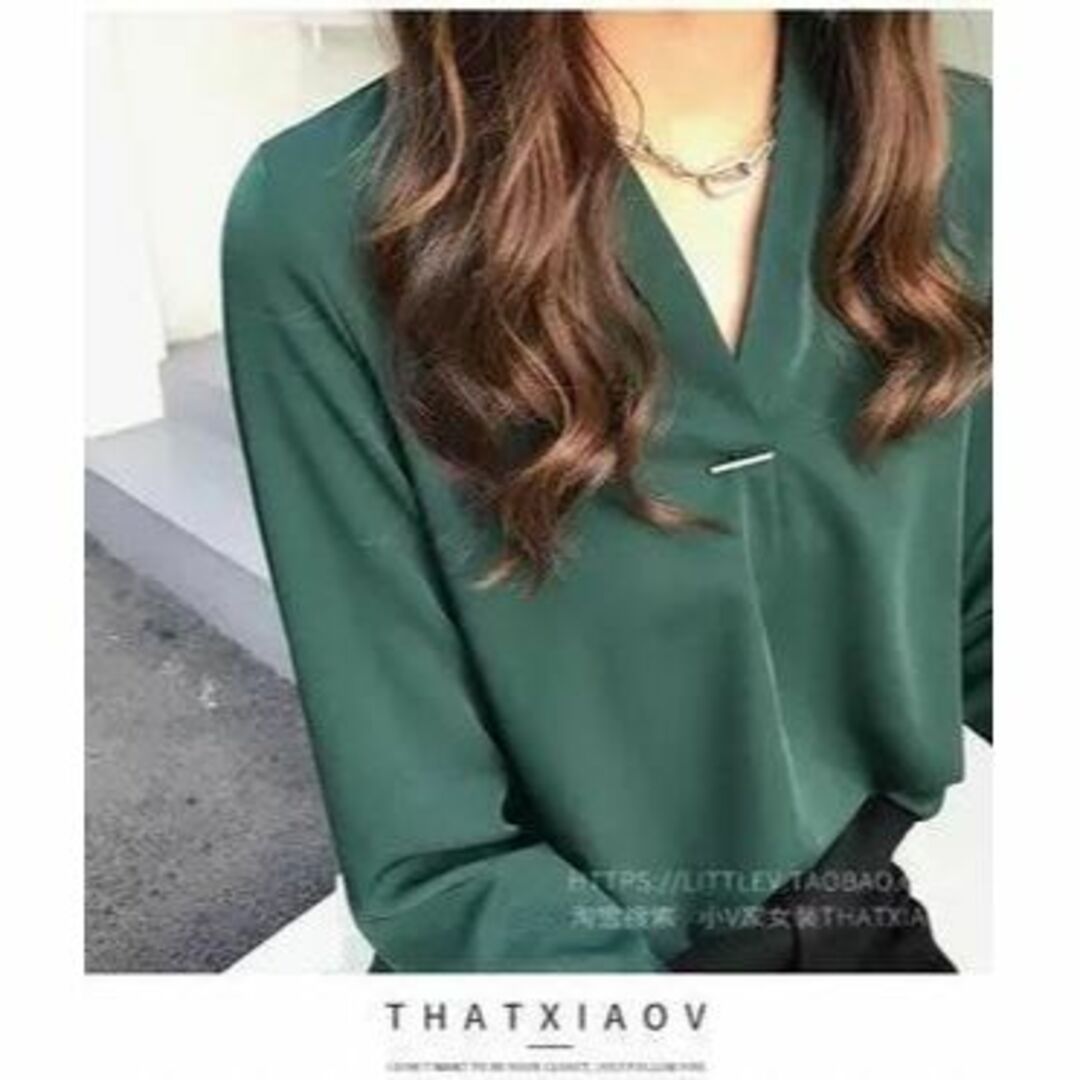 きれいめでおしゃれ♪上品な長袖シャツ♪カジュアル ビジネス 韓国服 緑 M レディースのトップス(シャツ/ブラウス(長袖/七分))の商品写真