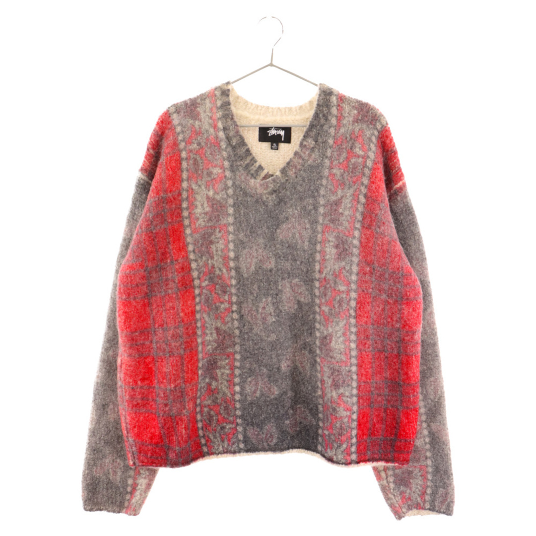 STUSSY(ステューシー)のSTUSSY ステューシー MIXED PRINT ALPACA SWEATER Vネック ニットセーター アルパカニット グレー/レッド メンズのトップス(ニット/セーター)の商品写真