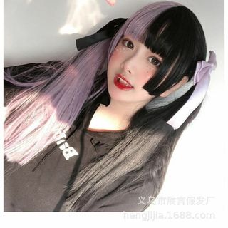 【新品】ツートンカラー♪紫×黒のロングヘアー ウイッグ(ロングストレート)