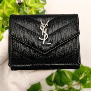 サンローラン(Saint Laurent)のサンローラン　三つ折り財布　タイニーウォレット　カサンドラ　ブラック　シルバー(財布)