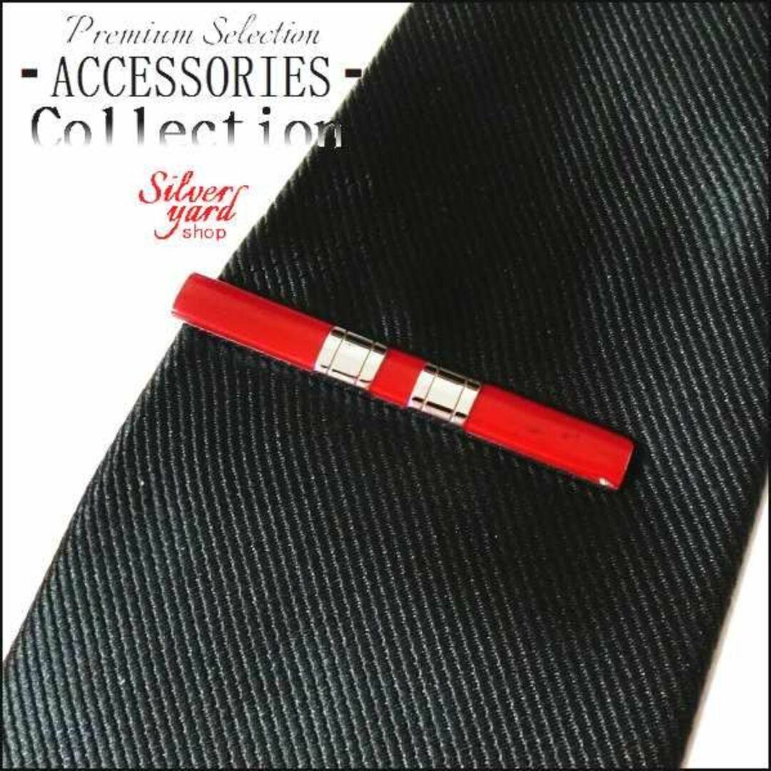 [1360]ネクタイピン タイピン 赤 レッド シルバー 銀 柄 線 上質 メンズのファッション小物(ネクタイピン)の商品写真