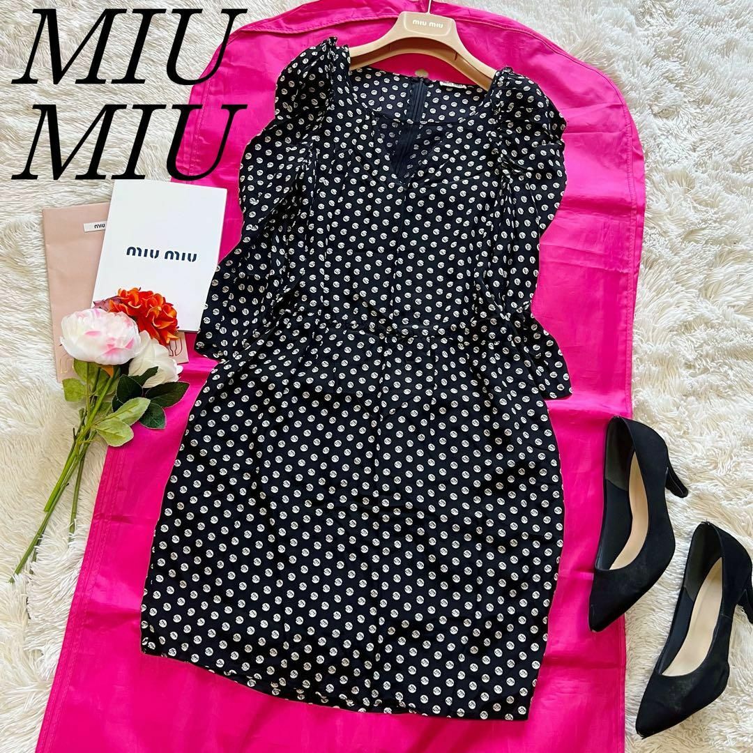 miumiu(ミュウミュウ)の【美品】MIU MIU 総柄ワンピース ブラック 長袖 M チュール 膝丈 レディースのワンピース(ひざ丈ワンピース)の商品写真