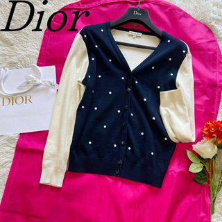 クリスチャンディオール(Christian Dior)の【良品】Christian Dior ドット柄カーディガン ネイビー ホワイトM(カーディガン)