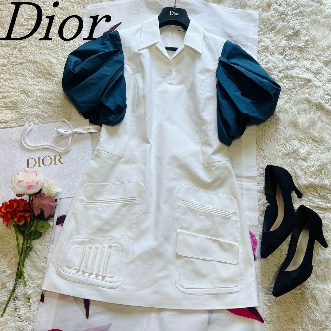 Christian Dior(クリスチャンディオール)の【良品】Christian Dior パフスリーブワンピース フレア ホワイト レディースのワンピース(ひざ丈ワンピース)の商品写真