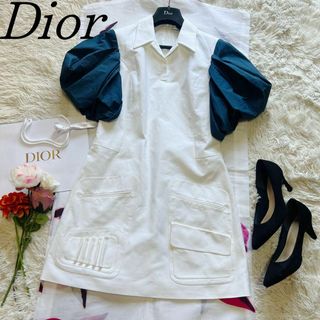 クリスチャンディオール(Christian Dior)の【良品】Christian Dior パフスリーブワンピース フレア ホワイト(ひざ丈ワンピース)