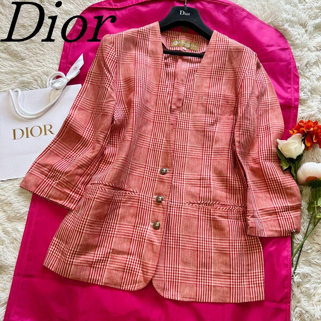 Christian Dior(クリスチャンディオール)の【良品】Christian Dior チェック柄ジャケット レッド M レディースのジャケット/アウター(ノーカラージャケット)の商品写真