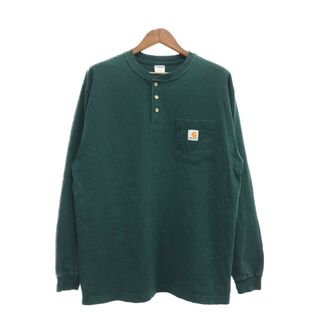 カーハート(carhartt)のCarhartt カーハート ヘンリーネック 長袖 ポケットTシャツ ワーク ワンポイントロゴ グリーン (メンズ L) 中古 古着 P7063(Tシャツ/カットソー(七分/長袖))