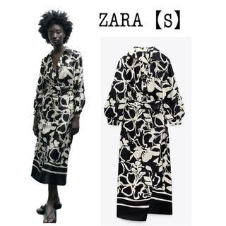 ザラ(ZARA)の【美品】ZARA シャツロング ミディワンピース  フラワー花柄 モノトーンS(ロングワンピース/マキシワンピース)