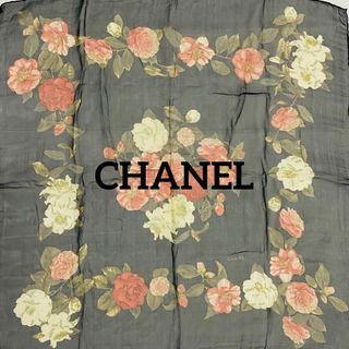 シャネル(CHANEL)の★CHANEL★ スカーフ シフォン カメリア シルク ブラック(バンダナ/スカーフ)