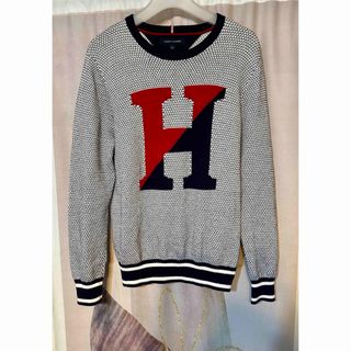 トミーヒルフィガー(TOMMY HILFIGER)のトミーヒルフィガー バイカラー ヘリンボーン ジャガード織 Hロゴ リブ ニット(ニット/セーター)