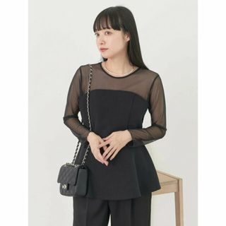 アースミュージックアンドエコロジー(earth music & ecology)の【ブラック】胸元シアーペプラムブラウス レディース/春/24SS(カットソー(長袖/七分))