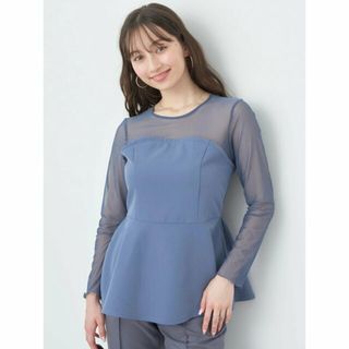 アースミュージックアンドエコロジー(earth music & ecology)の【ブルー】胸元シアーペプラムブラウス レディース/春/24SS(カットソー(長袖/七分))