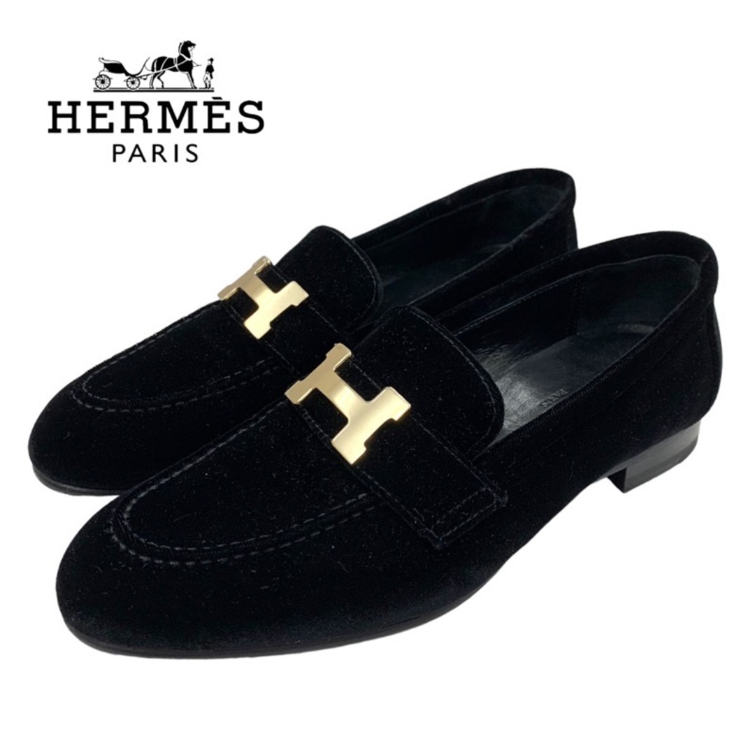 Hermes(エルメス)のエルメス HERMES パリ ローファー 革靴 モカシン フラットシューズ H金具 靴 シューズ ベロア ブラック 黒 レディースの靴/シューズ(ローファー/革靴)の商品写真