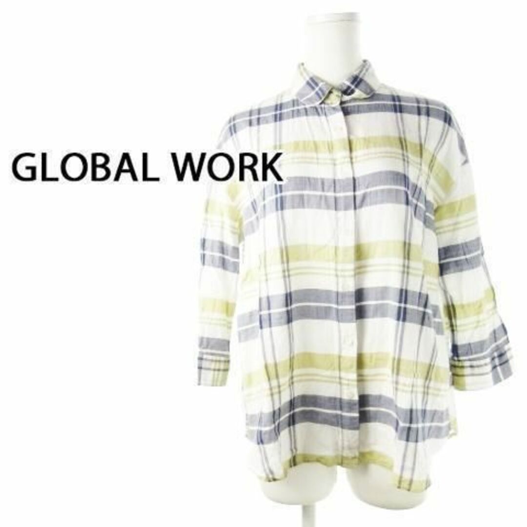 GLOBAL WORK(グローバルワーク)のグローバルワーク 2way七分袖シャツ チェック L 紺 230225CK16A レディースのトップス(シャツ/ブラウス(長袖/七分))の商品写真