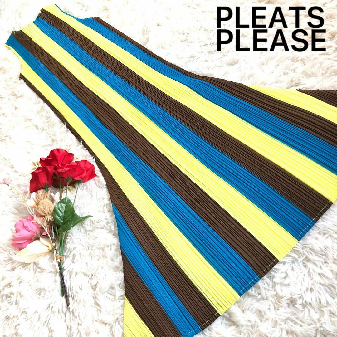 PLEATS PLEASE ISSEY MIYAKE(プリーツプリーズイッセイミヤケ)の【極美品】プリーツプリーズ ストライプ ノースリーブワンピース XL Aライン レディースのワンピース(ロングワンピース/マキシワンピース)の商品写真