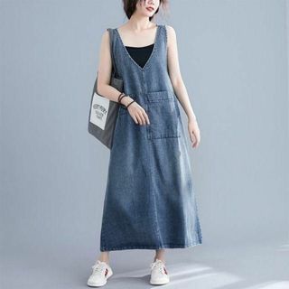 【在庫処分】大き目 ♪ デニムのストラップドレス ゆったり買い物  遊び L～(ロングワンピース/マキシワンピース)