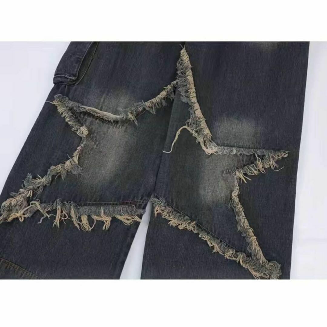 【新品】y2k ダメージ加工　星型　デニム　つぎはぎ　韓国　メンズ　ジーンズ メンズのパンツ(デニム/ジーンズ)の商品写真