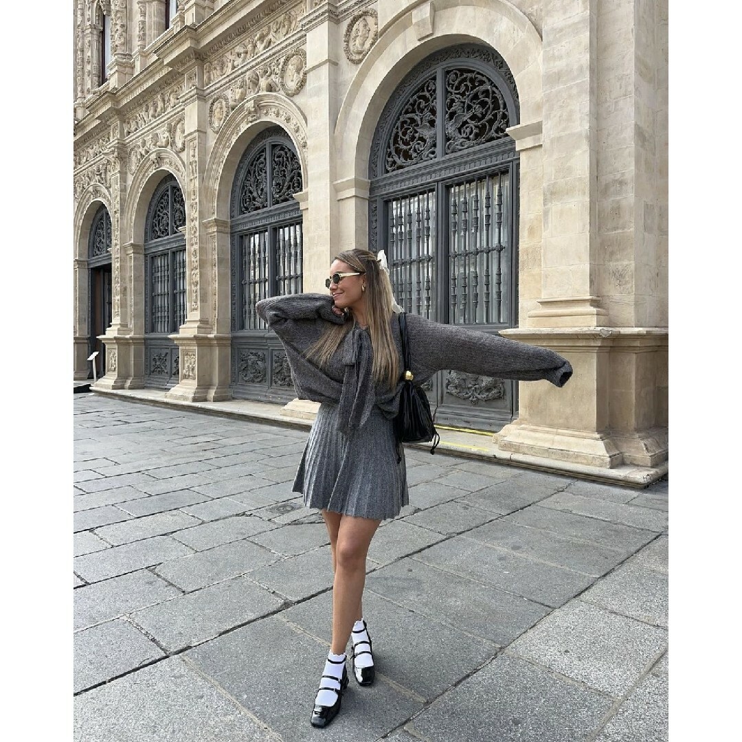 ZARA - ZARA リボン オープンニット セーター Mサイズ グレーの ZARA - ZARA リボン オープンニット セーター Mサイズ グレーの