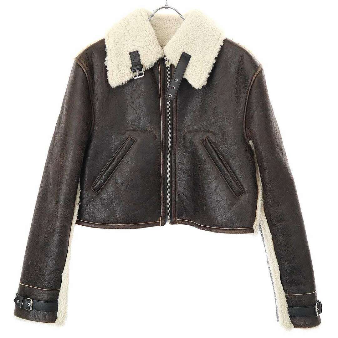 MM6(エムエムシックス)のMM6 エムエムシックス 21AW Shearling Trim Leather Jacket クラックレザーシャーリングジップジャケット ブラウン系 36 S62AN0054 レディースのジャケット/アウター(その他)の商品写真