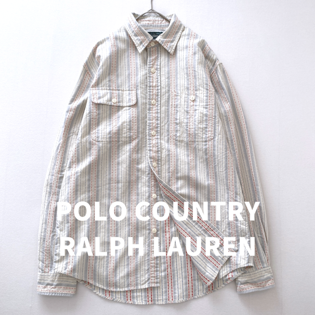 POLO RALPH LAUREN(ポロラルフローレン)の復刻レア★ポロカントリー ラルフローレン　刺繍ストライプシャツ　オフホワイト　M メンズのトップス(シャツ)の商品写真