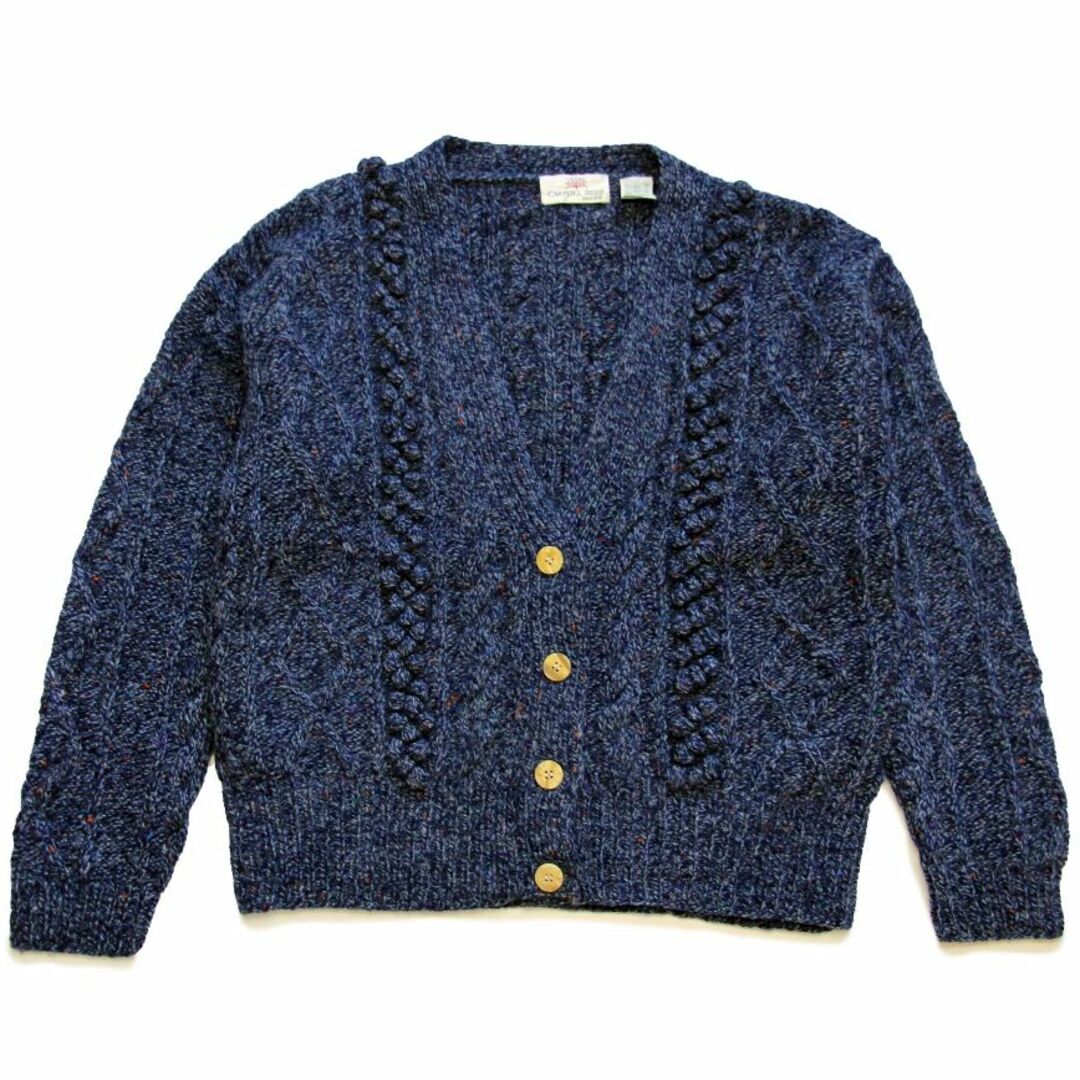 90s CARROLL REED ケーブル編み ネップ入り シェットランド ウールニット カーディガン ネイビー ミックス M★オールド アラン ナス紺